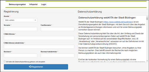 Ansicht Registrierung