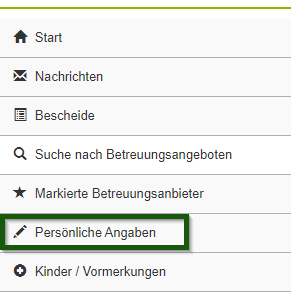 Menüleiste - persönliche Angaben