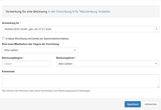 Vormerkung erstellen - Formular