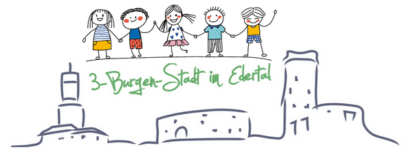 Fuenf lachende Strichmaennchen-Kinder, die sich an den Haenden halten. Unter ihnen steht der Schriftzug Kitaportal Felsberg in blauer Schrift.