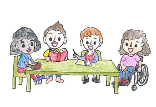 4 Kinder an Tisch die lesen und Schreiben