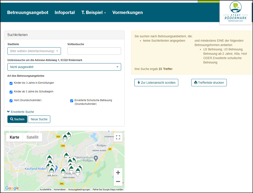 Karte - Suche nach Betreuungsangeboten