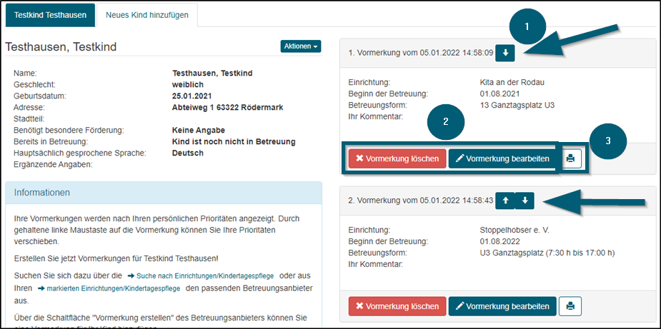 Vormerkungen verwalten