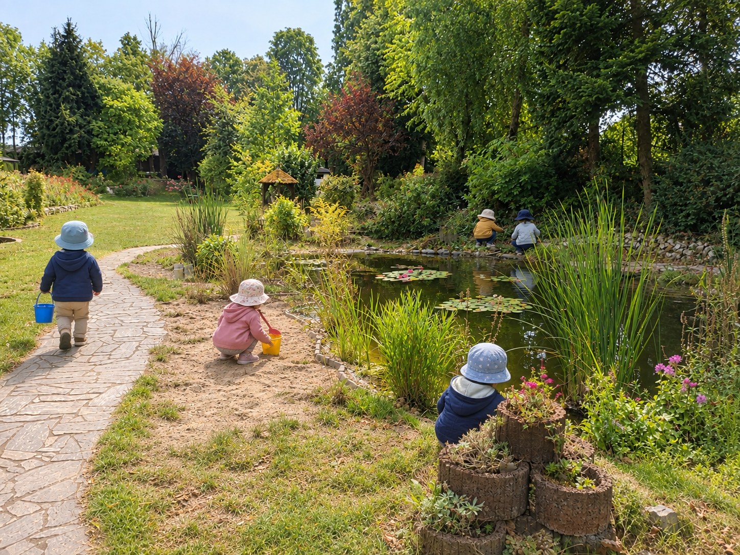 5 Kleinkinder spielen beschäftigt rund um einen Teich in einem Garten mit kleinen Eimern und Schaufeln