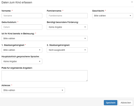 Angaben zum Kind Erfassungsmaske
